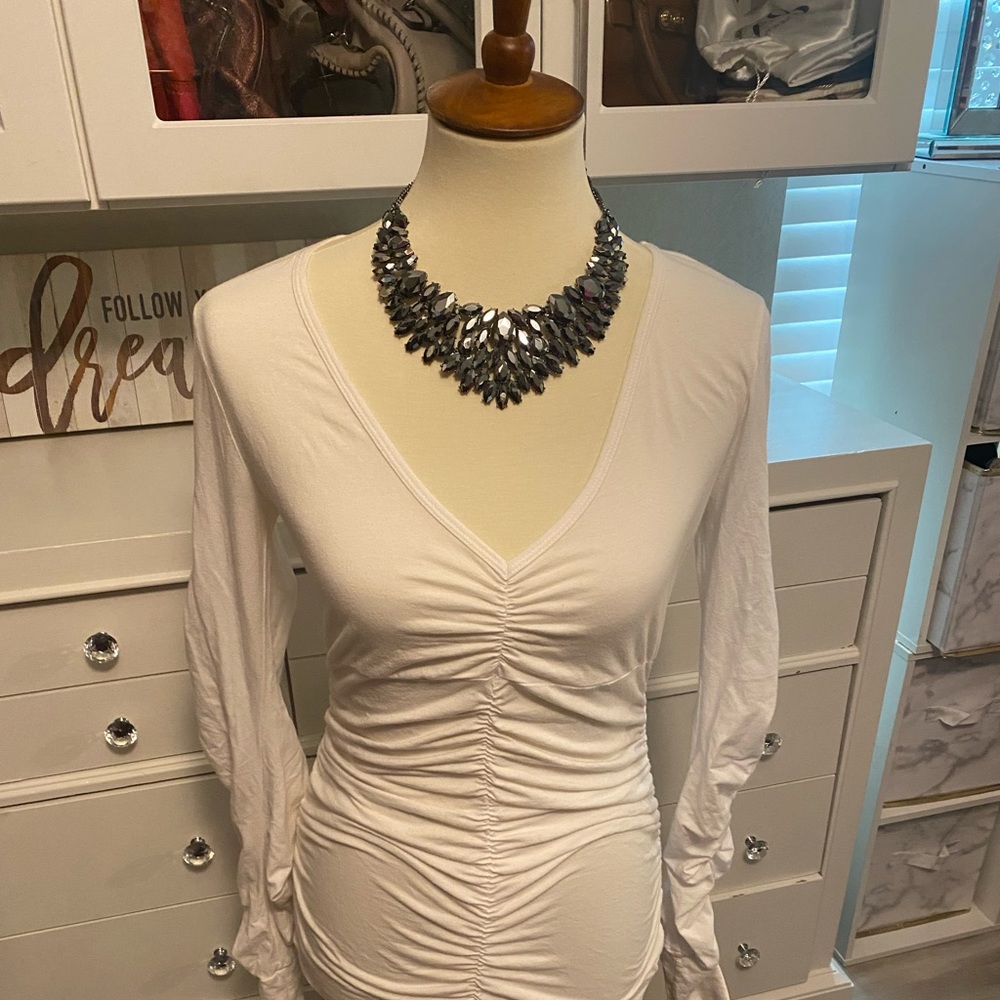 White, long sleeve, fitted, gather sexy v-neck top